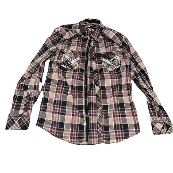 Buckle Black And Red Plaid Mens M Long Sleeve Black Pearl Snap Western Shirt - Picture 1 of 5
